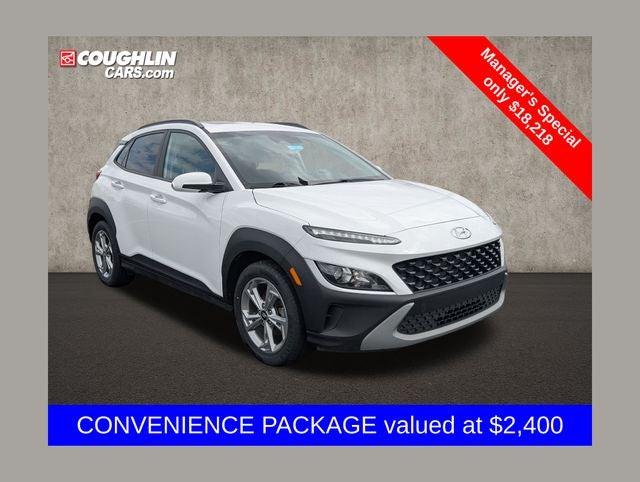 2023 Hyundai Kona SEL in Lunar White — front three-quarter view
