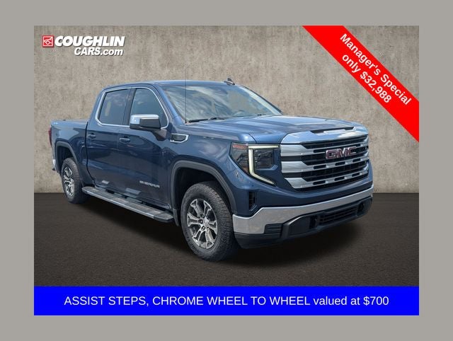 2023 GMC Sierra 1500 SLE in Pacific Blue Metallic — front three-quarter view