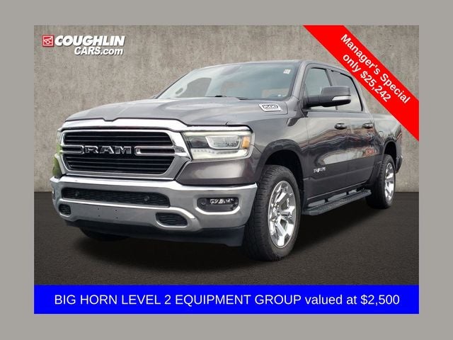 2021 RAM 1500 Big Horn/Lone Star in Granite Crystal Metallic Clearcoat — front three-quarter view