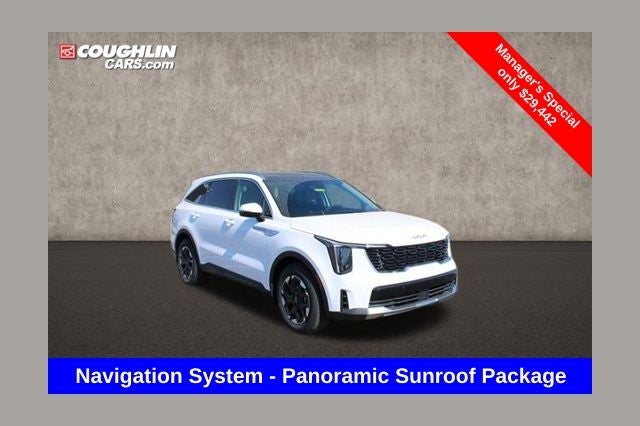 2025 Kia Sorento S in Glacial White Pearl — front three-quarter view