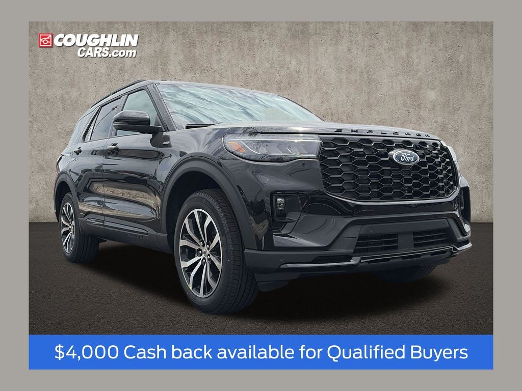 2026 Ford Explorer ST-Line in Agate Black Metallic — front three-quarter view