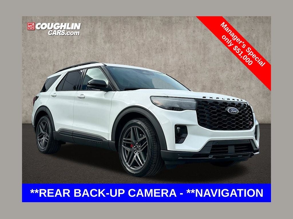 2026 Ford Explorer ST in Star White Metallic Tri-Coat — front three-quarter view