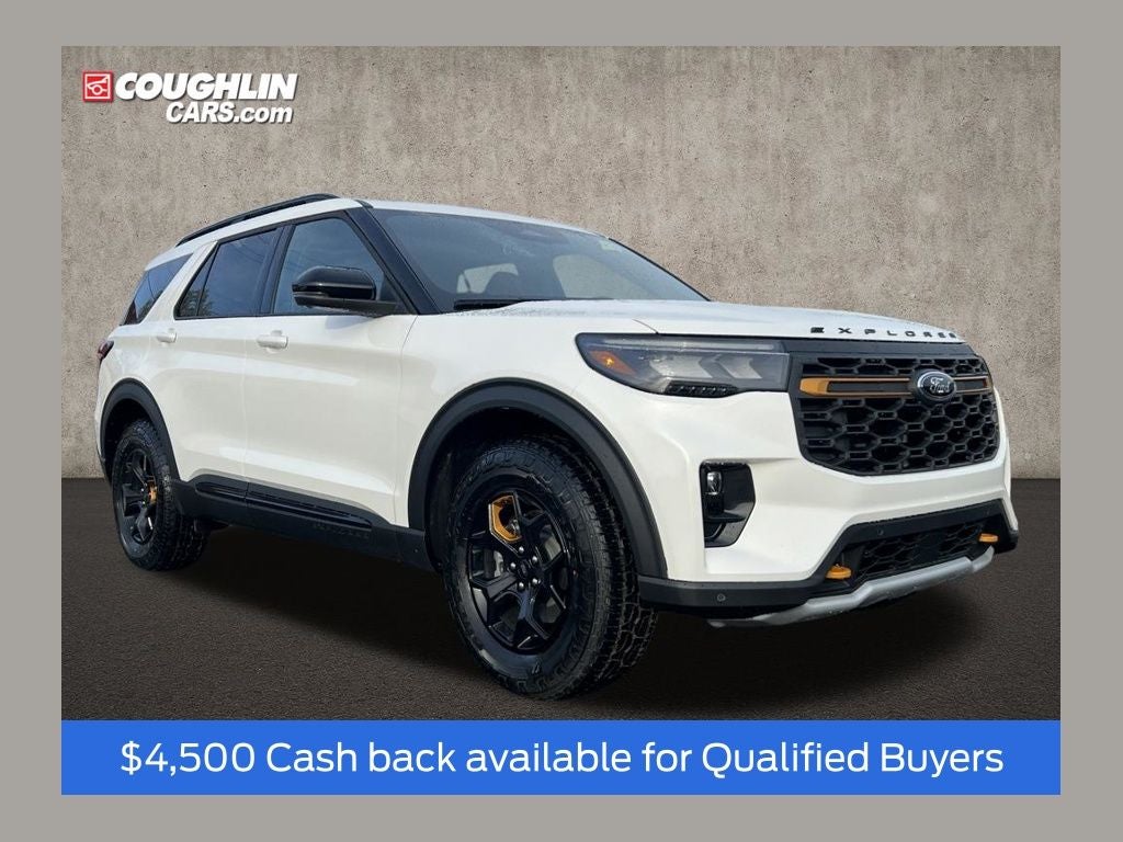 2026 Ford Explorer Tremor in Star White Metallic Tri-Coat — front three-quarter view