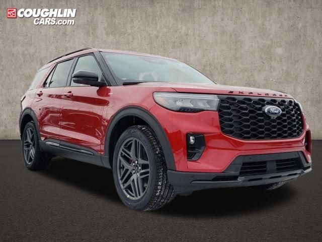 2026 Ford Explorer ST-Line in Rapid Red Metallic Tinted Clearcoat — front three-quarter view