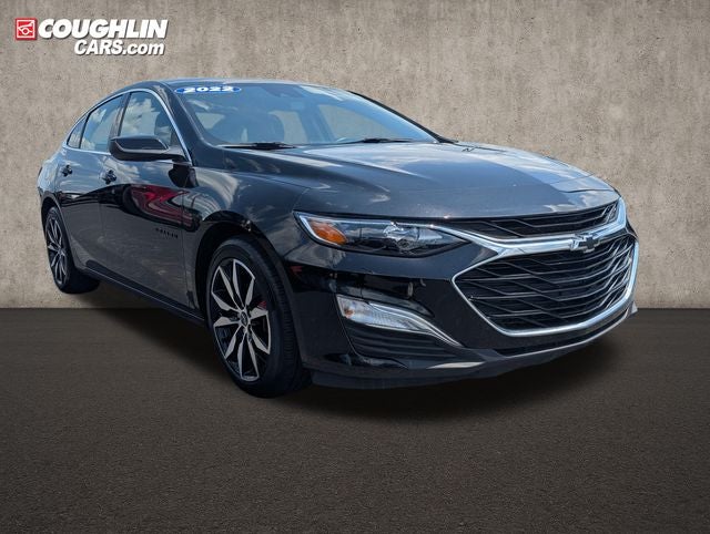 2022 Chevrolet Malibu RS in Mosaic Black Metallic — front three-quarter view