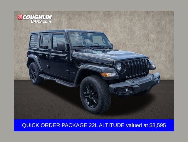 2021 Jeep Wrangler Unlimited Sahara Altitude in Black — front three-quarter view