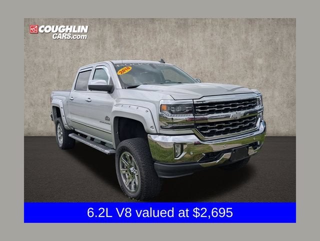 2018 Chevrolet Silverado 1500 LTZ in Silver Ice Metallic — front three-quarter view